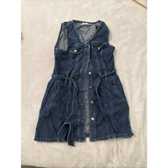 Only Denim Blue Jean Size Large Sleeveless Belted Tank Dress 90s Classic - Picture 2 of 11